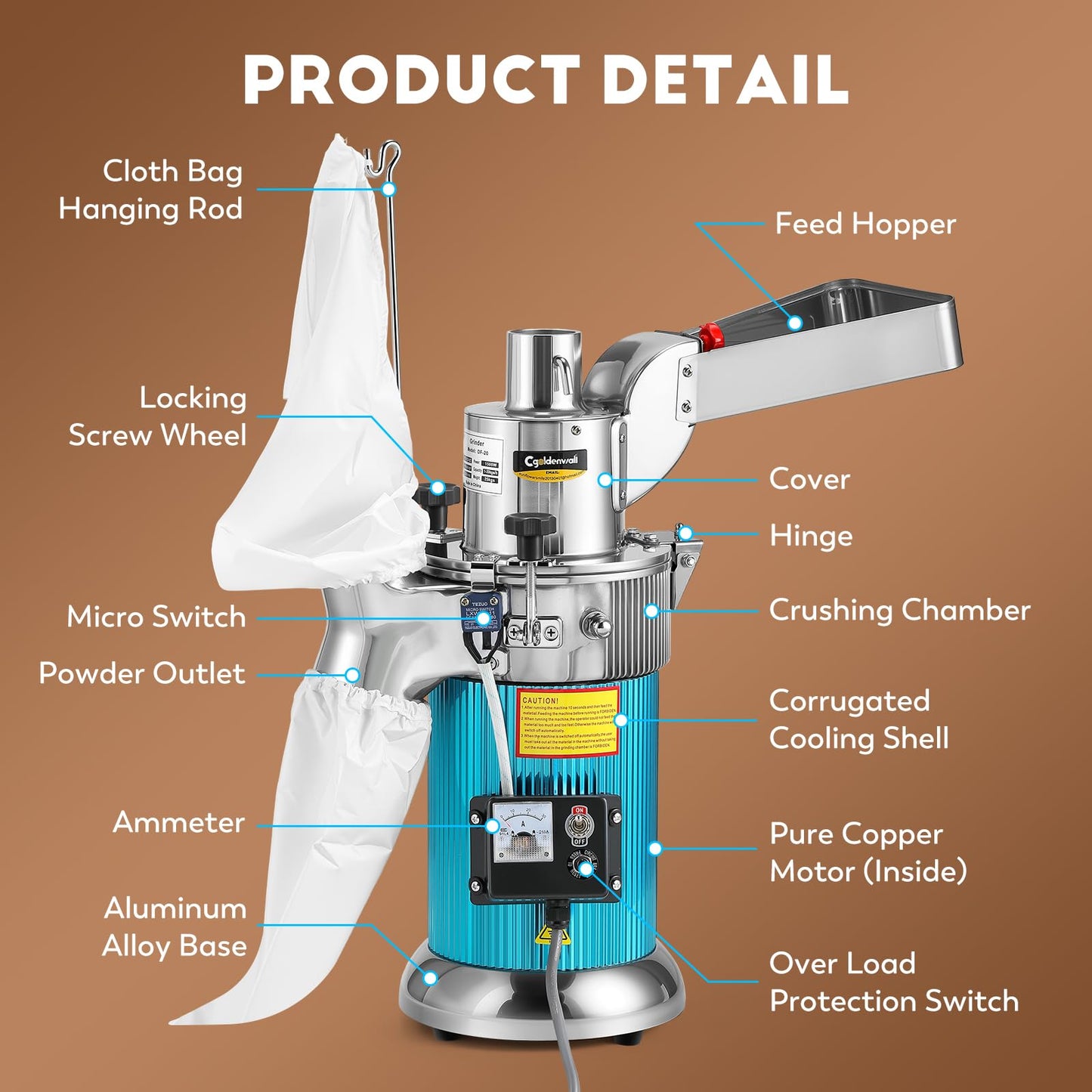 CGOLDENWALL DF-20 Hammer Mill Grinder Commercial Electric Herb Grinder Mill Industrial Automatic Continuous Spice Hammer Grain Mill Pulverizer Capacity 44 Pounds Per Hour 110V Rotate Speed 2840r/min