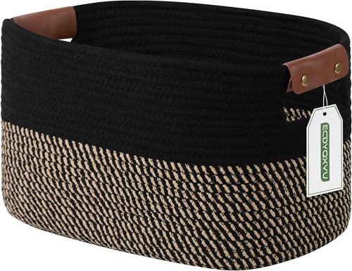 ECDYQXVU Cotton Rope Basket - Woven Storage Basket with Handle | 15x10x9 Inch for Laundry, Towels, Books (Black Brown)