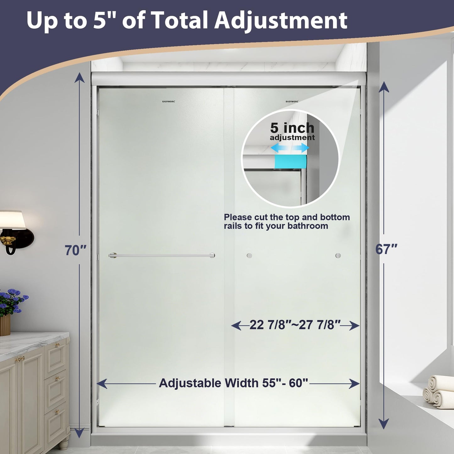 EASYWORC Double Sliding Shower Door, 55"-60" W x 70" H Semi-Frameless Frosted Shower Door, 1/4'' (6mm) Frosted SGCC Tempered Glass with Nano Coating and Explosion-Proof Film, Brushed Nickel