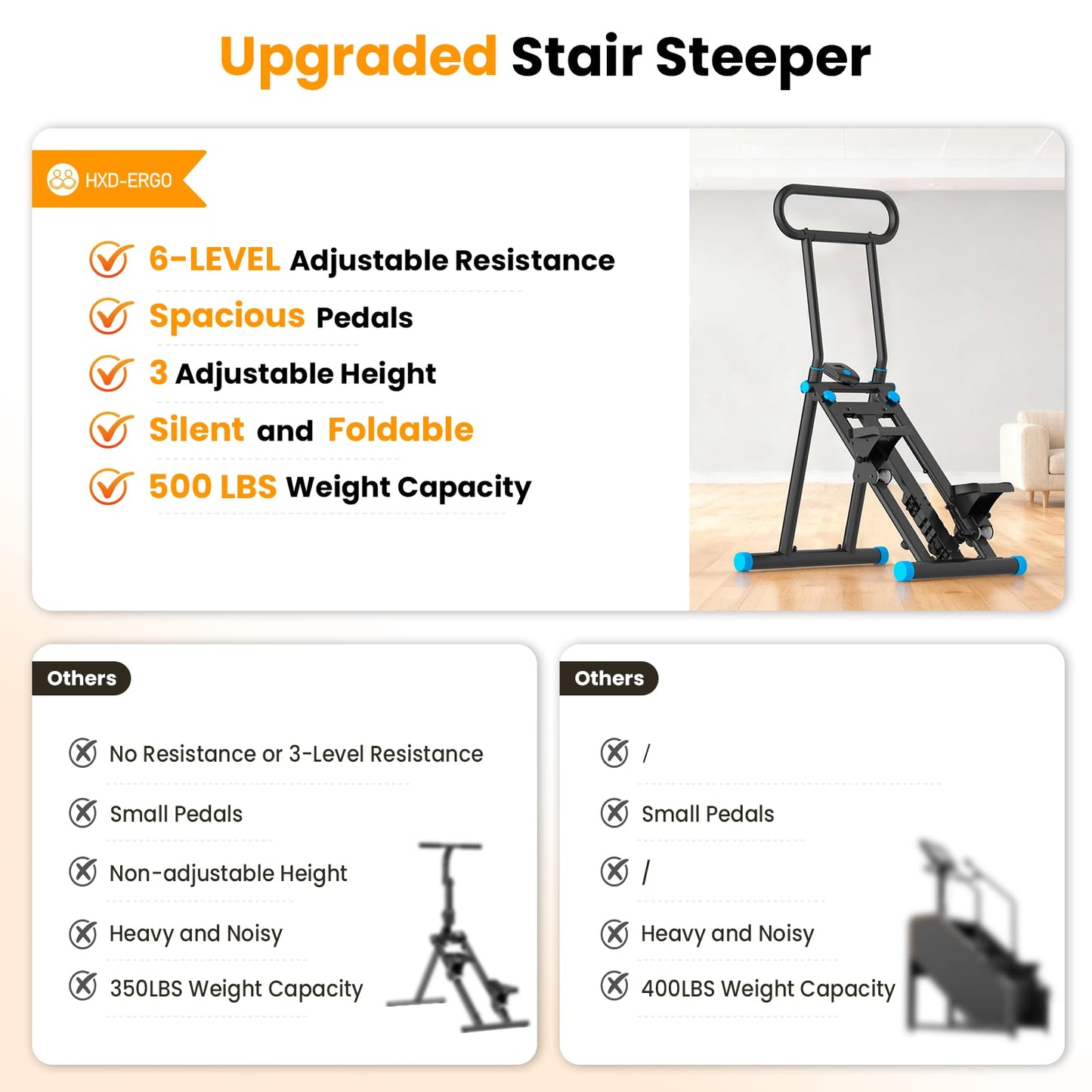 HXD-ERGO Stair Stepper, Upgrade 6-Level Resistance Stair Master with Adjustable Handlebar, Folding Stair Climber Workout Machine (6 Adjustable Resistance-Black)