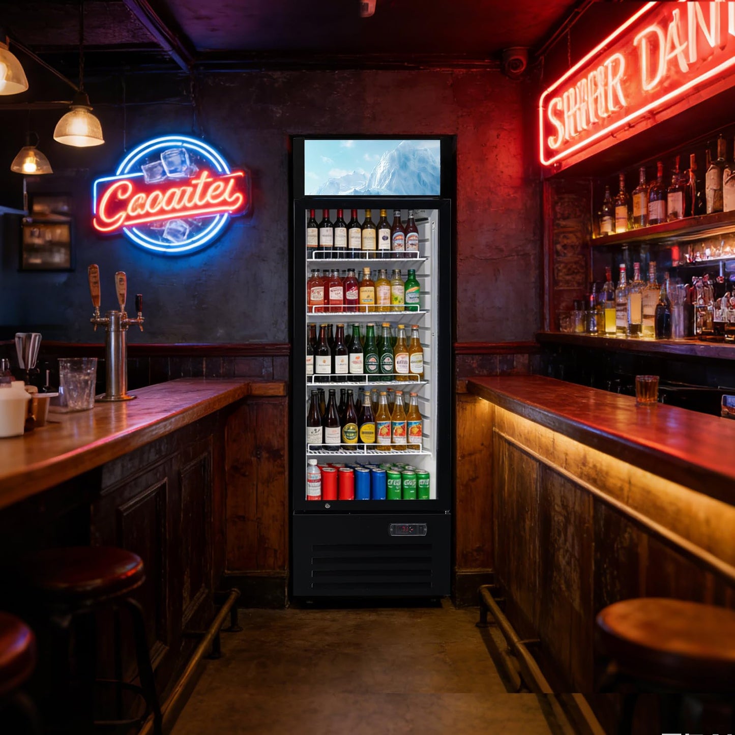 Bluelinecool 12.5 Cu Ft Commercial Beverage Refrigerator with 1 Glass Doors - Upright Drink Cooler Merchandiser with LED Light Display, 4 Adjustable Shelves, Black, ETL Approved for Business & Retail