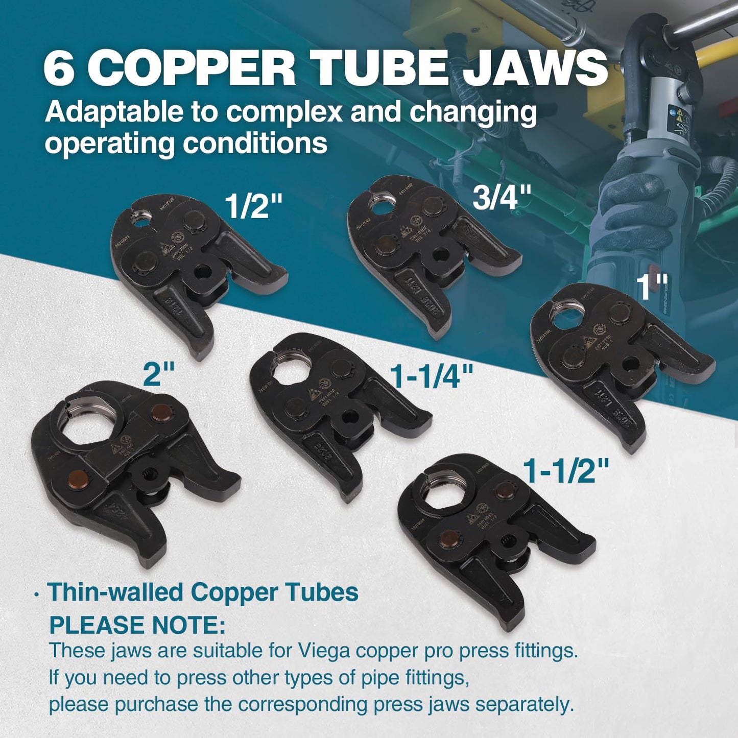 ZUPPER Press Tool, 18V Electric Pipe Crimping Tool for 1/2" to 2" Copper Pipes, Standard Press Tool Kit Suitable for Copper ProPress fittings - with 6 VUS Press Jaws, 2pcs 4AH Battery