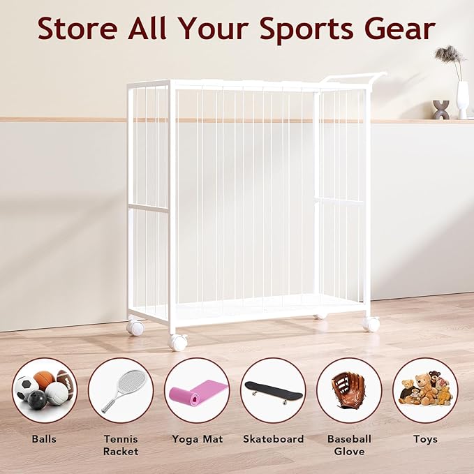 Ball Storage Bin Rolling Sports Ball Cart, Metal Garage Organizer Sport Rack, Ball Basket Storage, Ball Cage for Garage or Gym, Indoor & Outdoor Sports Equipment Organizer white