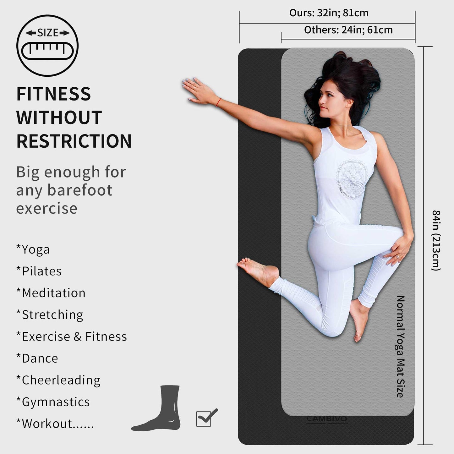 CAMBIVO Yoga Mat for Men and Women, Extra Long and Wide (84'' x 32'' x 1/4 inch) TPE Workout Mat, Large Exercise Fitness Mat for Yoga, Pilates, Workout, Non Slip(Black)