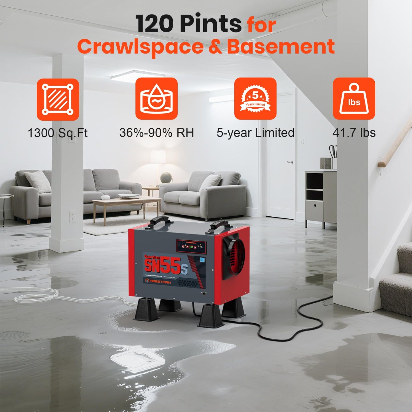 Abestorm Crawl Space Dehumidifier, 120 Pint Controls Commercial Dehumidifiers with Drain Hose for Basement, Under House Auto Defrosting Industrial Crawlspace Dehumidifier