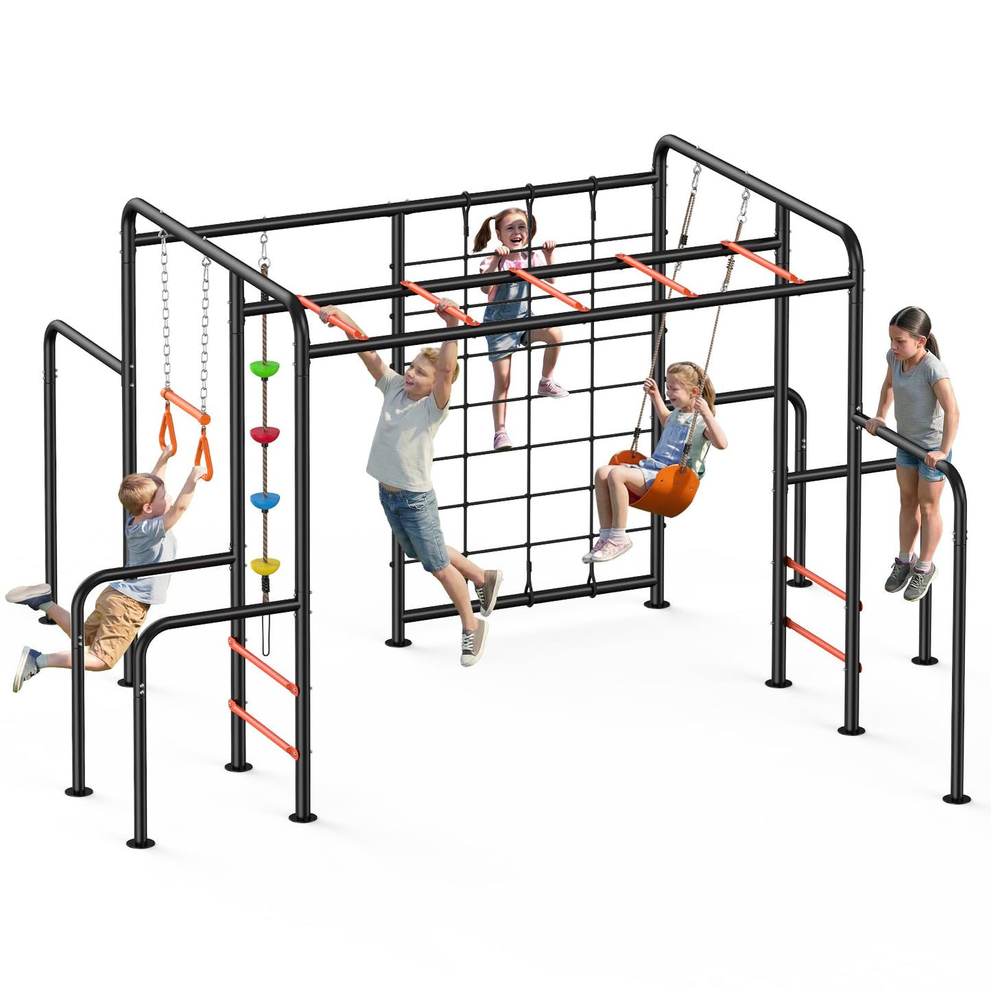 Hapfan Outdoor Jungle Gym with Monkey Bars Frame, 5-in-1 550lbs Heavy-Duty Metal Swing Sets for Backyard with Climbing Net & Rope, Trapeze Swing Bar, Belt Swing, Gymnastics Bars, Kids Playground Set