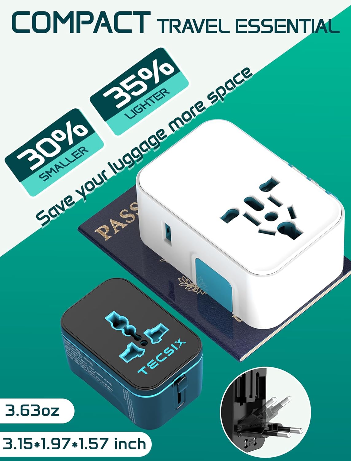 TECSIX 20W, 2 2 200+ Countries Universal Travel Adapter Worldwide PD International Power Adapter Fast Charging with USB