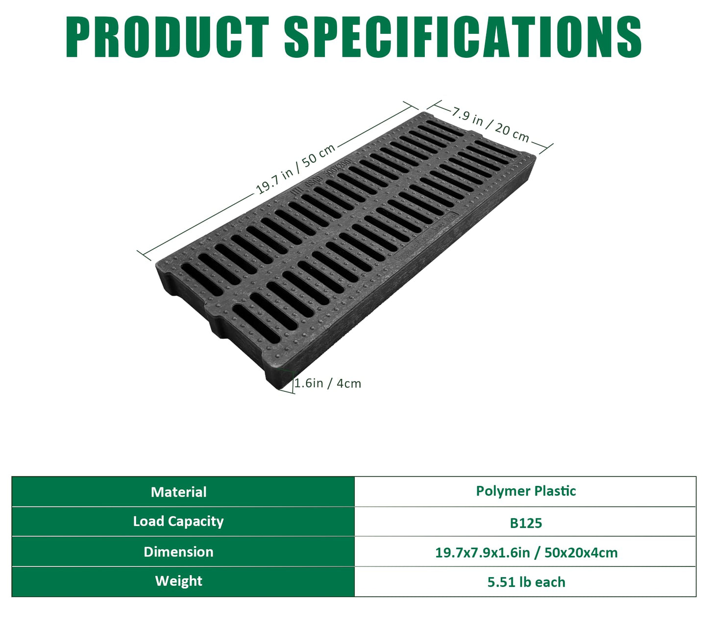 Natotela 6 Pack Driveway Polymer Plastic Trench Drain Grate-19.7x7.9x1.6 in. Heavy Duty Channel Drain Cover,Total Length 118 in Polymer Drain Strainer,Outdoor Drainage Grates for Garage,Parking Lot