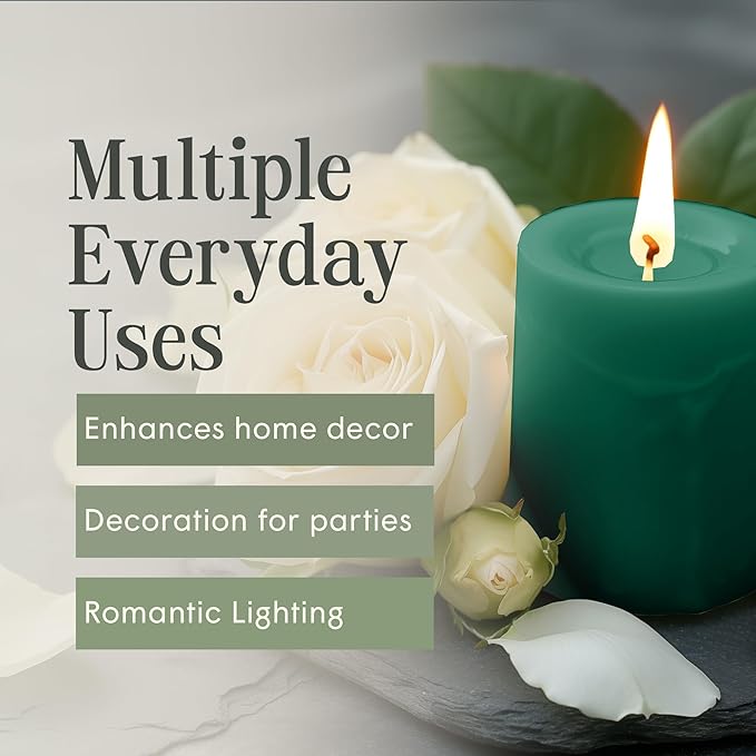 Mister Candle Dripless Unscented Pillar Candles, Set of 3 Hand Poured Solid Color Non-Scented Candles for Home Decor, Premium Wax, 60 Hr Burn Time - 3x4 Inch, Green