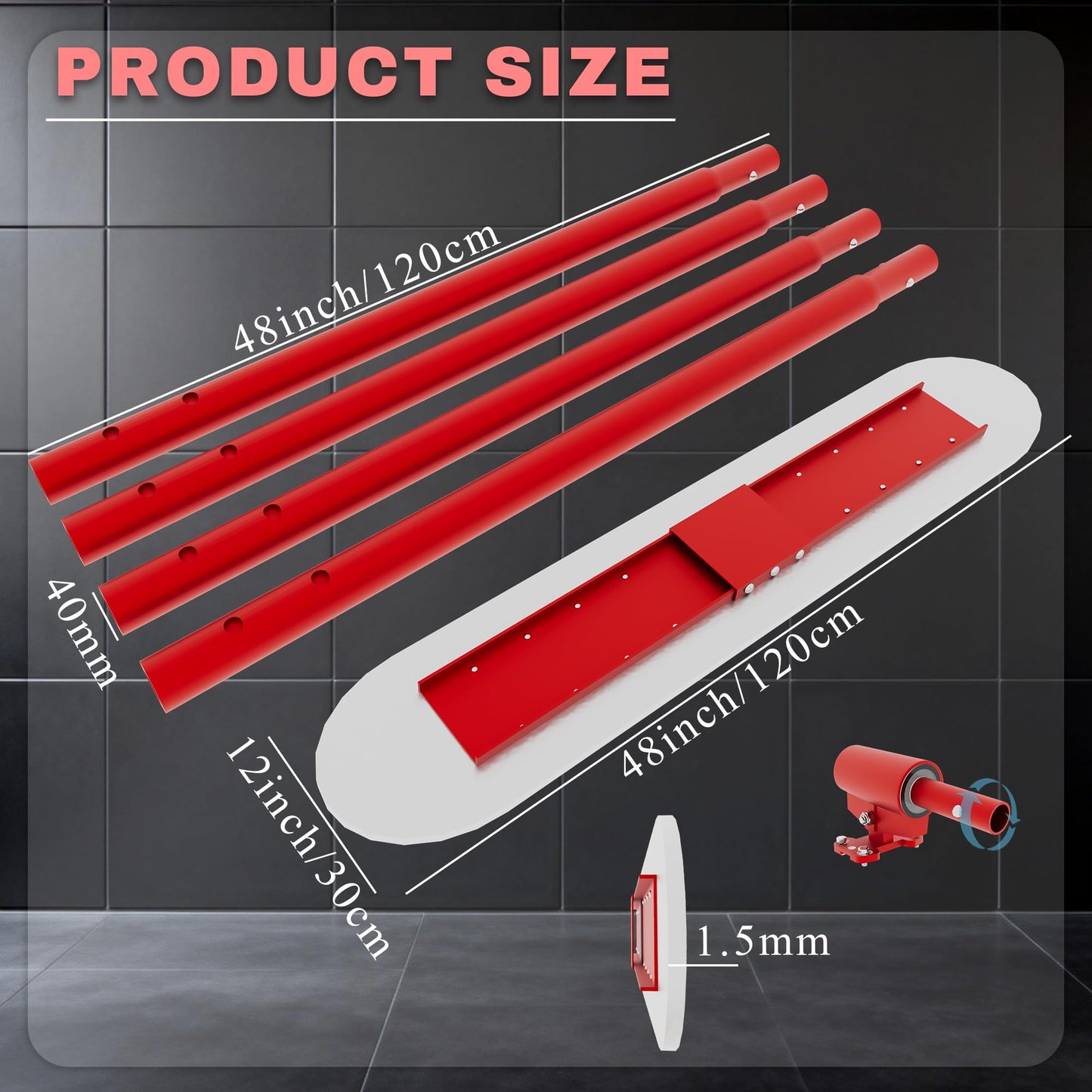 48" x 8" Concrete Bull Float Kit, Stainless Steel Round End Finishing Trowel with 47'' Adjustable Handle, Heavy Duty Concrete Smoothing Tool for Cement, Driveway, Patio
