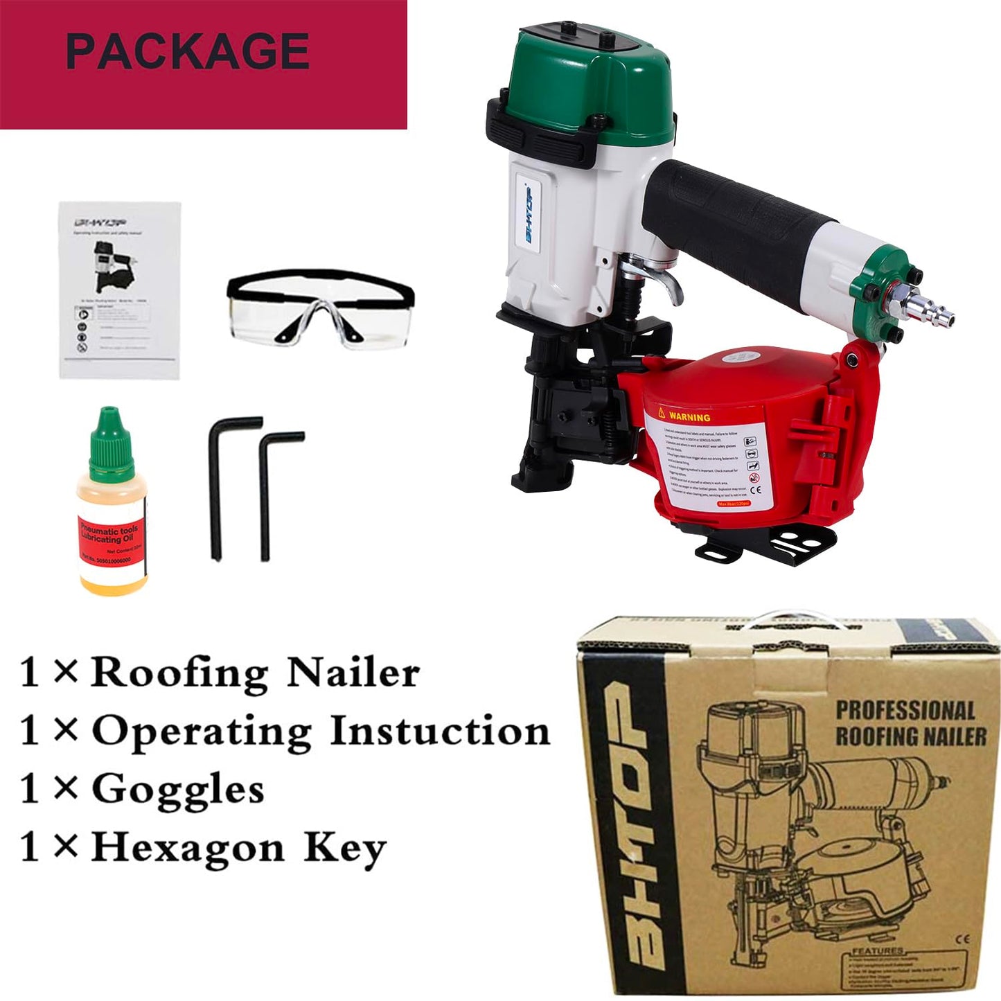 BHTOP Mexican Style CN45N Roofing Nailer, 15 Degree Roofing Nail Gun, 3/4-Inch to 1-3/4-Inch Coil Nails, 120-pcs Load Capacity Coil Nailer