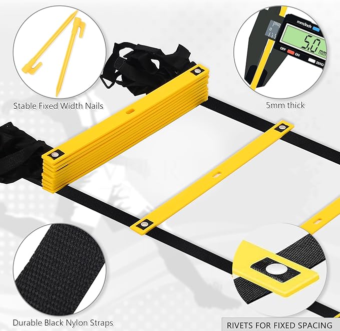 Fixed Rung Agility Ladder - 20ft 12 Rungs No Tangle Speed and Agility Training Equipment for Soccer Footwork Training with Carrying Bag/Ground Stakes for Adults Youth Kids