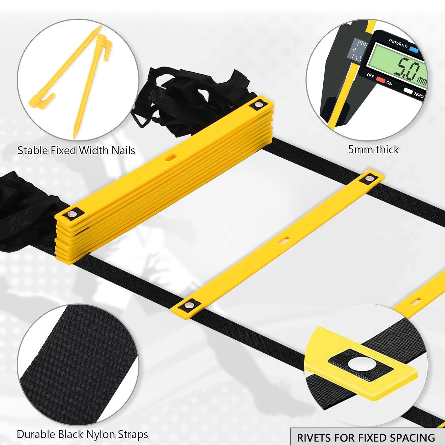 Camkinger Fixed Rung Agility Ladder, 20ft, 12 Rungs No Tangle Speed and Agility-Training Equipment for Soccer Footwork Coaching Ladders with Carrying Bag, Ground Stakes for Adults, Youth Kids, Yellow