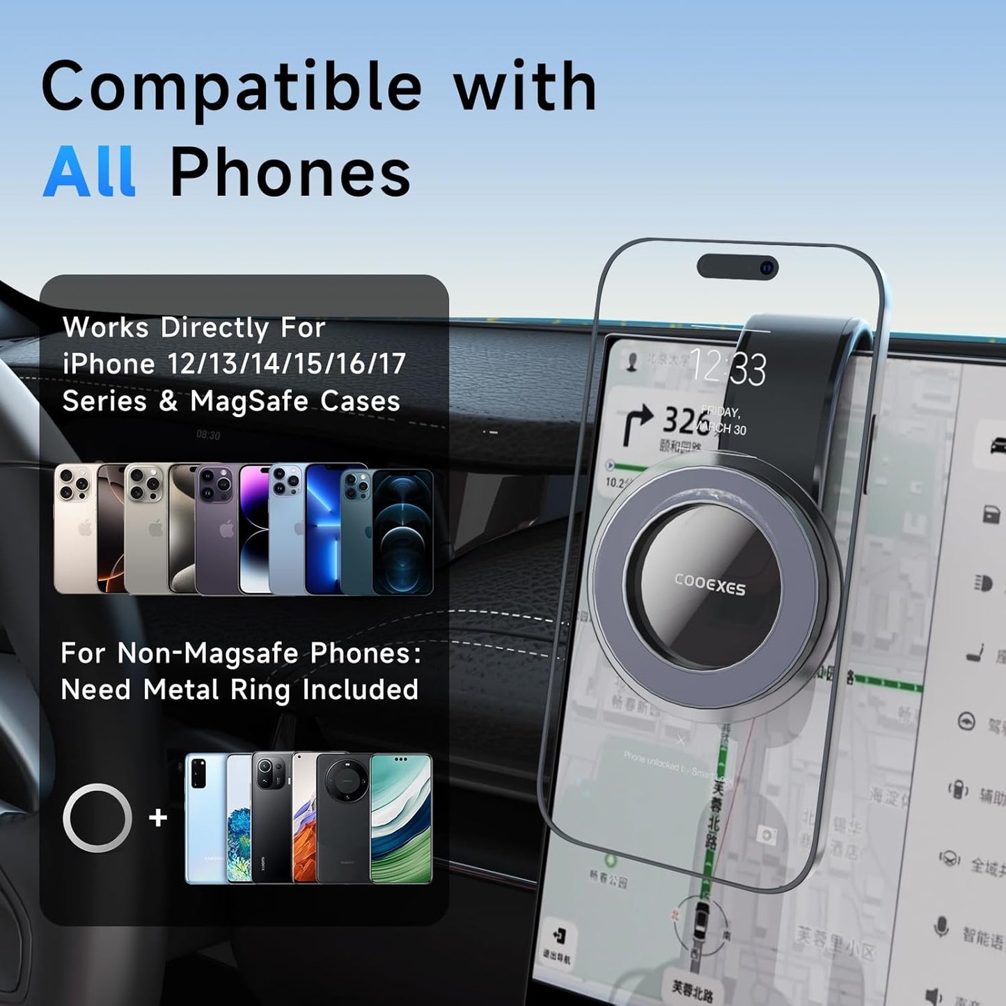 COOEXES -108LBS, 17 Max/16/15/14/13/12 Magnetic Phone Holder for Car, for Magsafe Car Mount with Flexible Grip Bendable