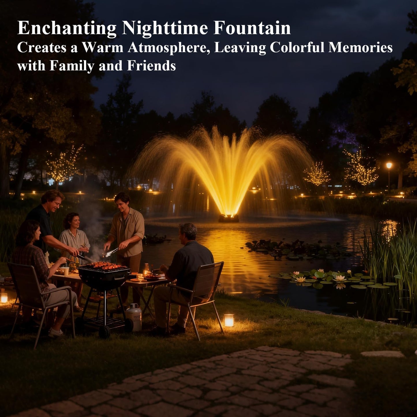 Pond Fountain Aerator with Lights, 1 HP with Dynamic RGB Lighting, Adjustable Modes, Digital Timer, for Large Ponds, Lakes & Outdoor Water Features, 15,000 GPH, 750W 110V, 100FT Cord