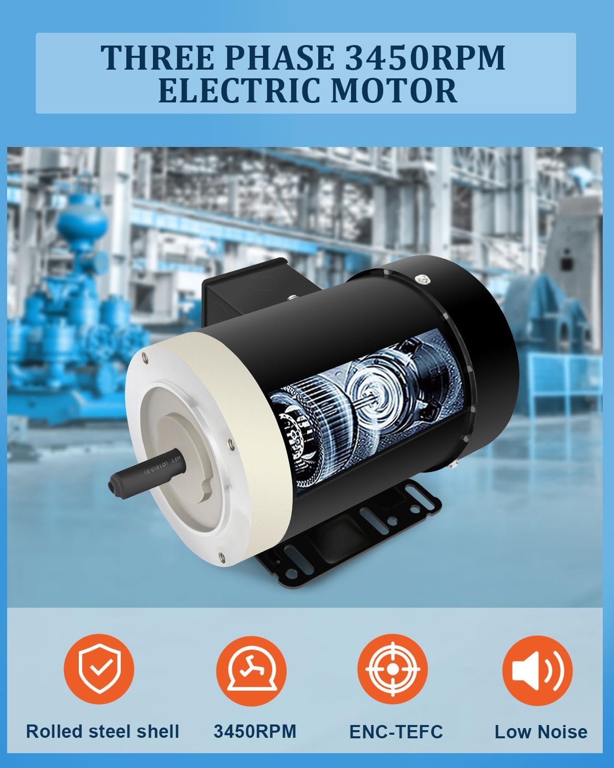 2HP General Electric Motor 3450 RPM, Three Phase,56C Frame, 5/8" Shaft Diameter CW/CCW Rolled Steel Shell 60 HZ, 230V/460V,TEFC