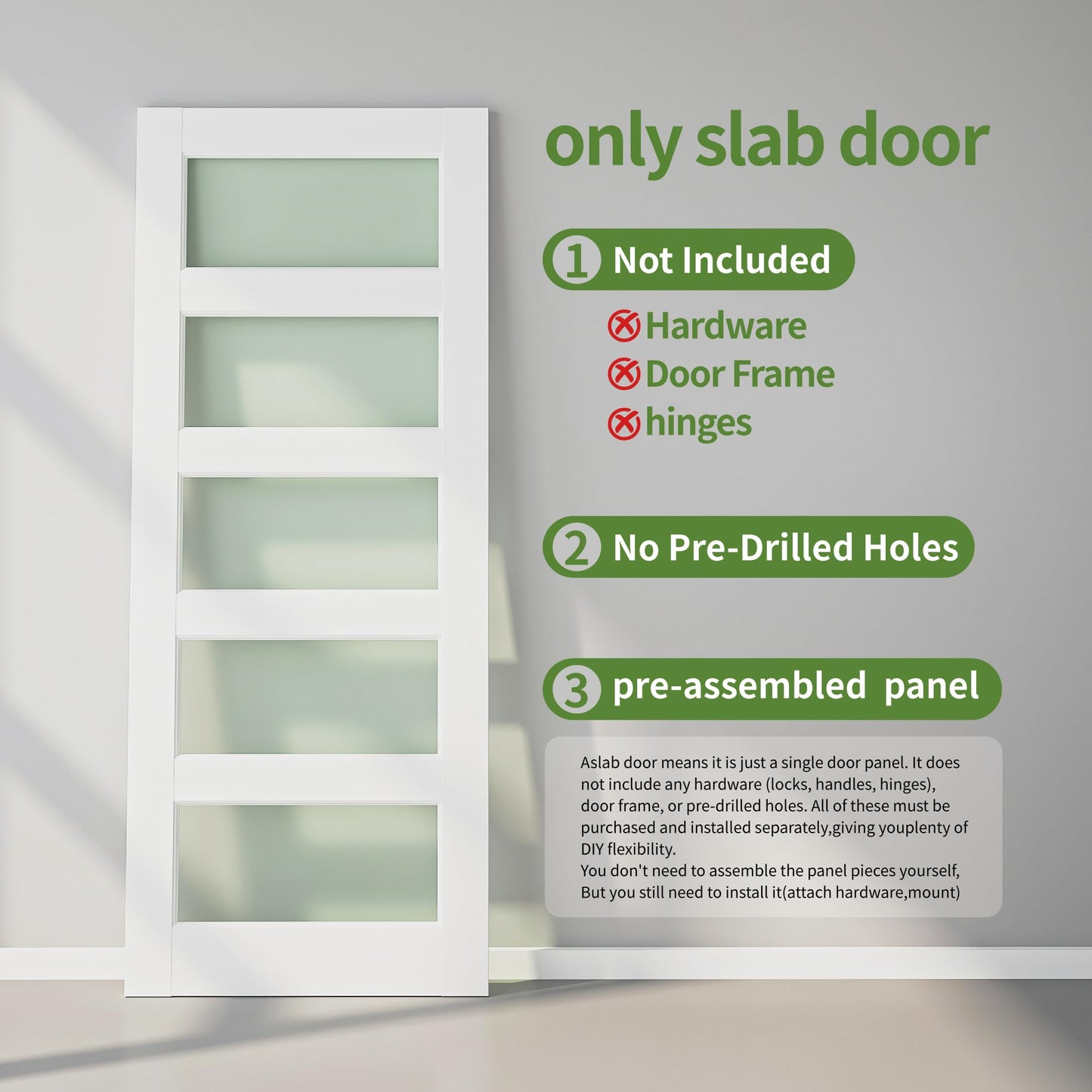 5-Lite Frosted Glass Interior French Door Slab, 28" x 80" Solid Core Wood Panel, for Pantry, Bedroom, Laundry & Bathroom, White Prefinished Paintable,White