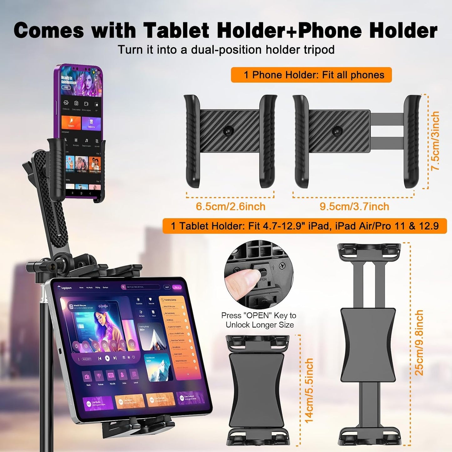 BAISHUN 63-inch 360 2 4.7-12.9 inch 1/4 inch Tripod Stand for Tablet Camera Phone, Height Adjustable iPad Mount Holder