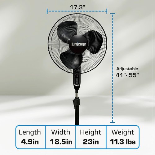 Hurricane Supreme Oscillating Pedestal Fan - 3 Quiet Speeds, Remote Control & Adjustable Height, 16” Black