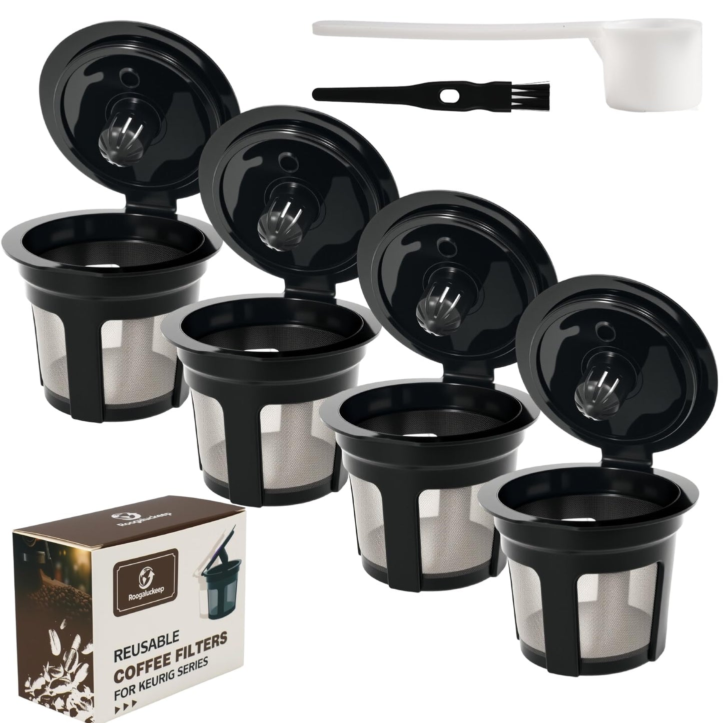 Roogaluckeep Reusable K Cup for Keurig, Black BPA Free Refillable K-Cup Pod Coffee Filters, Universal Fit Refillable Filters for Keurig 1.0 and 2.0 Coffee Maker (Black- 4 Park)
