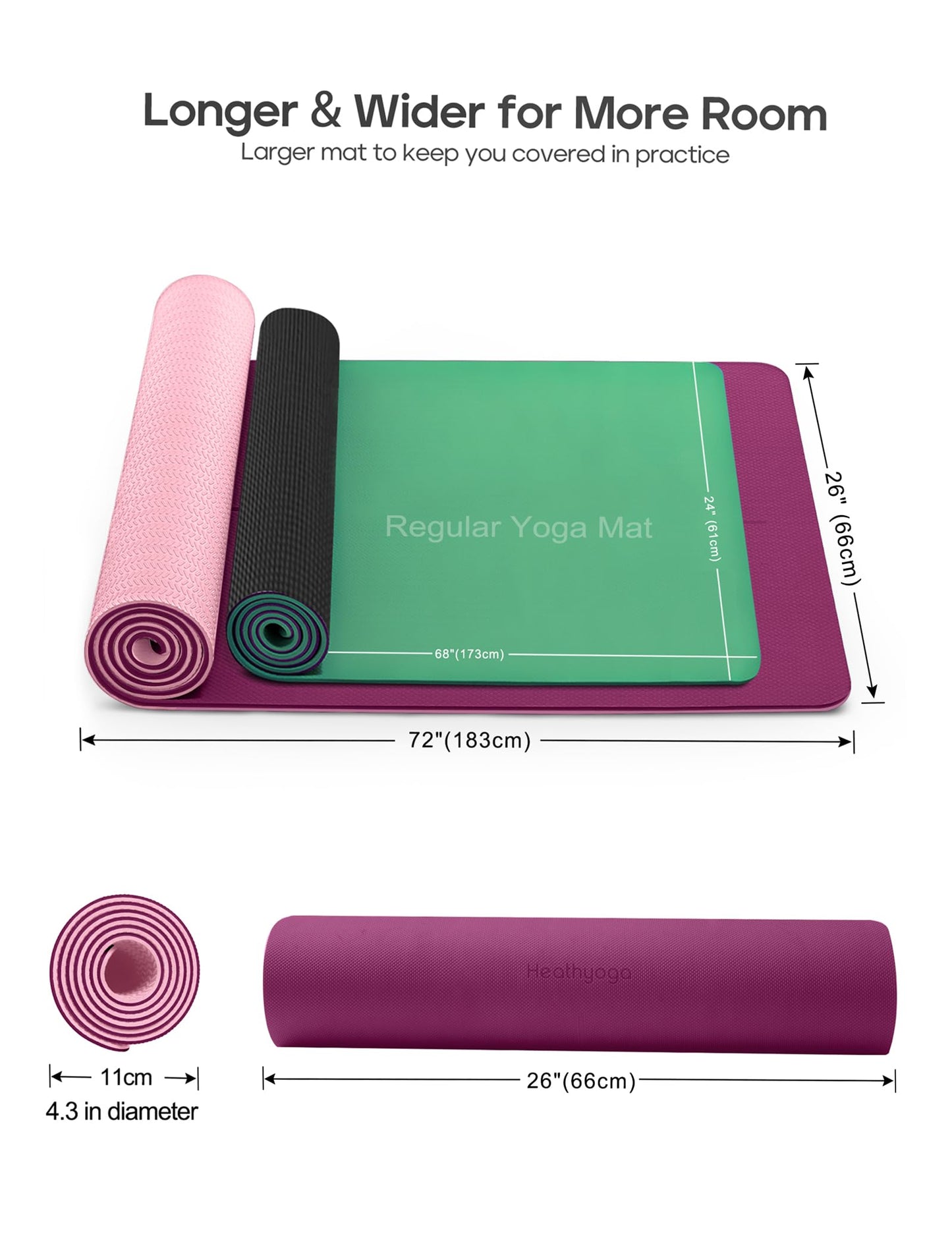 Heathyoga Yoga Mat Non Slip TPE Pilates Exercise Mats for Home Workout Gym Fitness Eco Friendly Thick Hot Yoga Mat with Strap Body Alignment,72"x 26" Thickness 1/4"