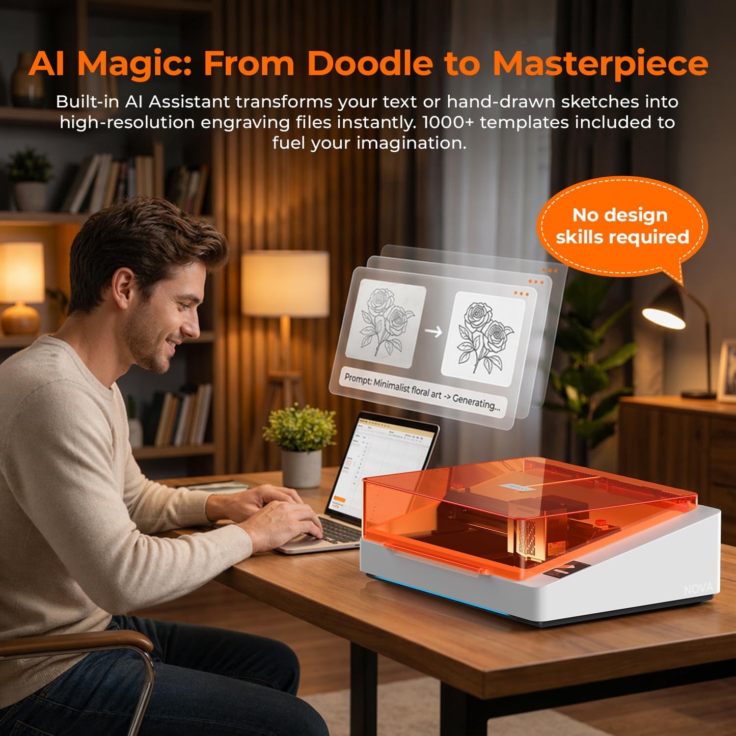 TOOCAA NOVA 10W Smart AI Laser Engraver Cutter w/Air Assist, Fully Assembled Enclosed, 5MP AI Positioning Camera & Auto Focus, Dual Exhaust, Class1 Safety, Blade Cut Panel, No-Riser Tumbler Engraving