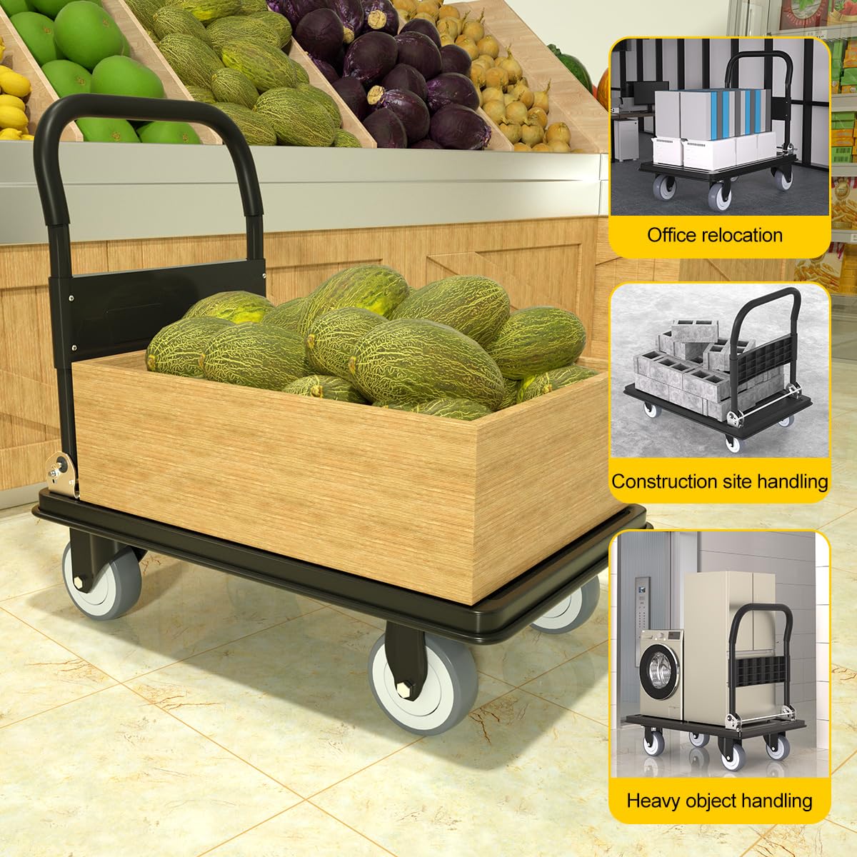 WUD Push Cart, Folding Mobile Platform Trolley,Thickened and Reinforced, 360° Swivel Wheels,35.4 “L x 23.6 ”W, 1100 lb. Black Dolly cart with Wheels (Black, Large)