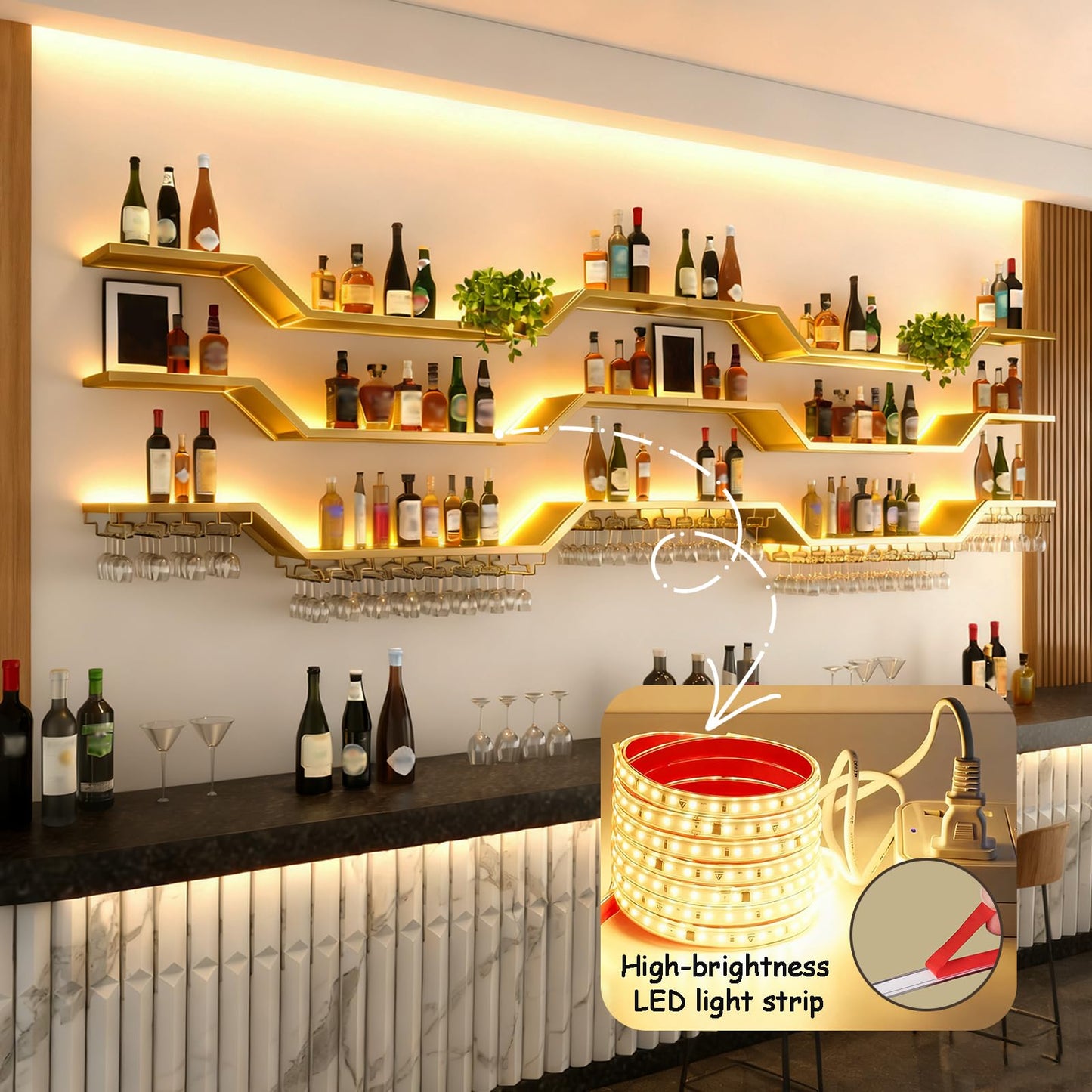 TAUODUYY 63in Modern LED Wine Rack Wall Mounted, 3-Tier Floating Bar Shelves with Wine Glass Rack, Large Hanging Liquor Shelf Wall Mounted, for Home Bar Dining Room Cafe Decorative (Gold, 63in/160cm)