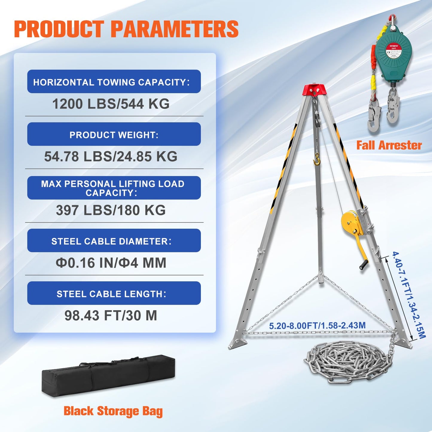 YATOINTO Confined Space Tripod Kit,1200 lbs Lifting Winch,Confined Space Rescue Tripod with 4.4' to 7' Legs and 98' Cable,Traditional Confined Spaces with 32.8' Protection and Storage Bag