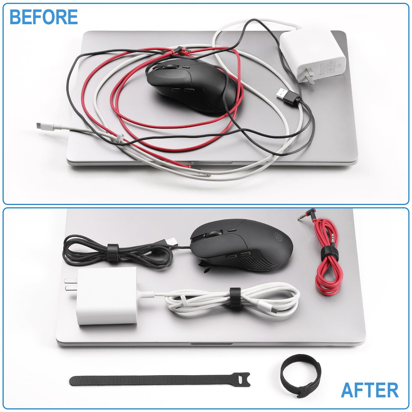 100 PCS 8 Inches Reusable Cable Ties | Adjustable Cord Wraps, Cable Straps | Hook & Loop Cord Organizer, Cable Management