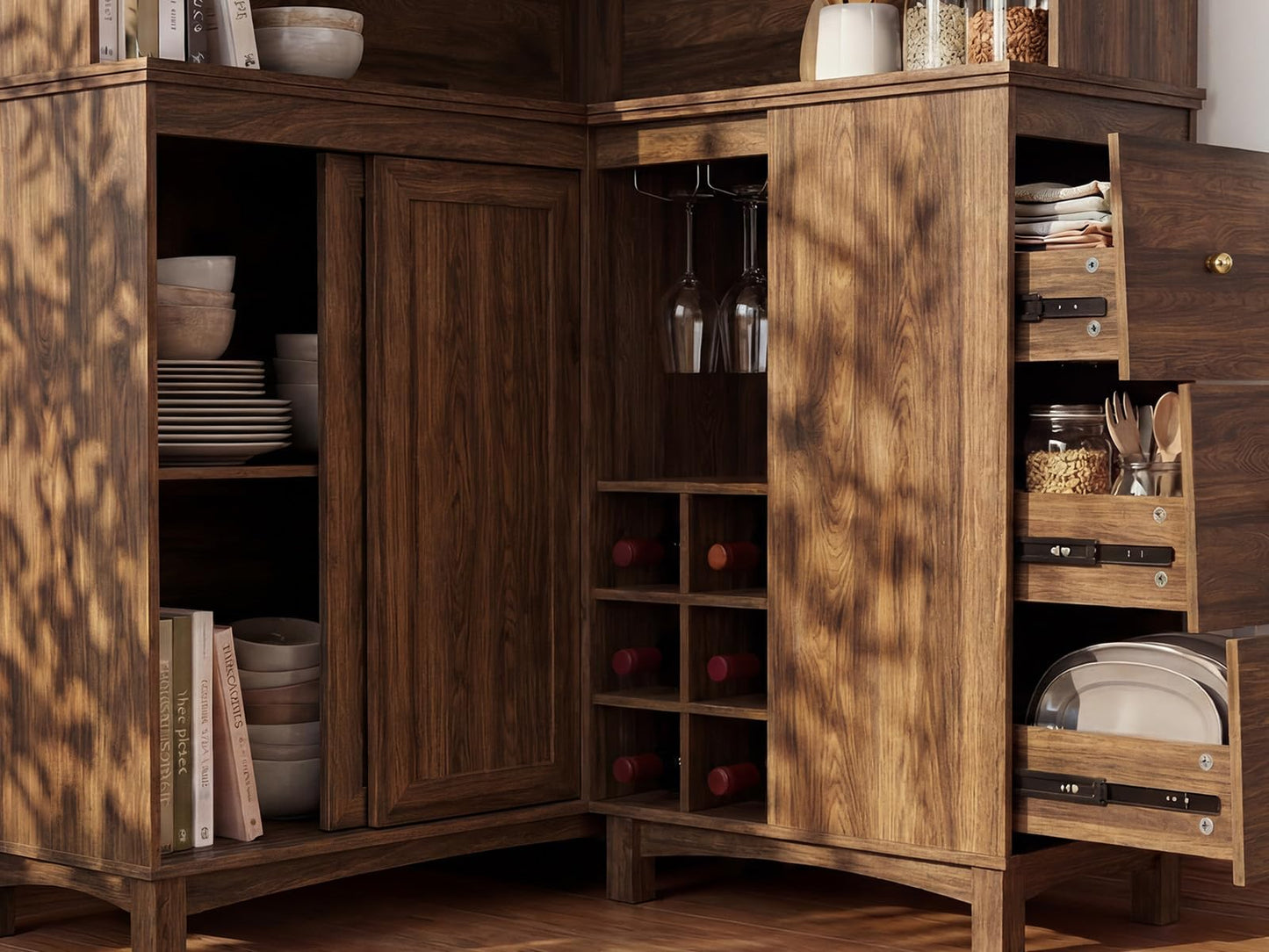 STO’Sense 71" Tall Corner Cabinet w/Charging Station,L-Shaped Kitchen Pantry Storage Cabinet w/3 Drawers,Countertop,Wine Rack,Shelves,Glass Holder&Sliding Door, Large Microwave Stand Hutch, Walnut
