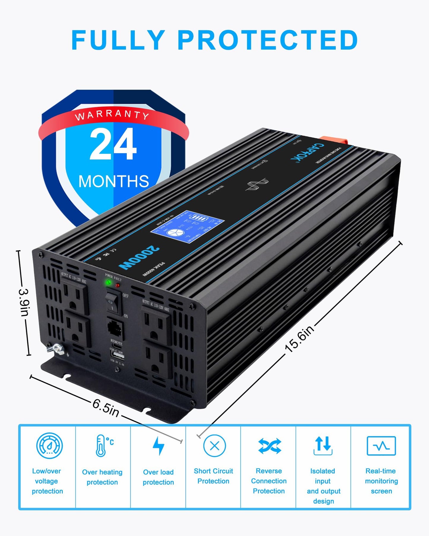 CAPTOK 2000W Pure Sine Wave Inverter DC 12V AC 120V Double LCD Screen Remote Control Power Inverter 30W USB-C 4AC Outlets for RV, Home, Solar System