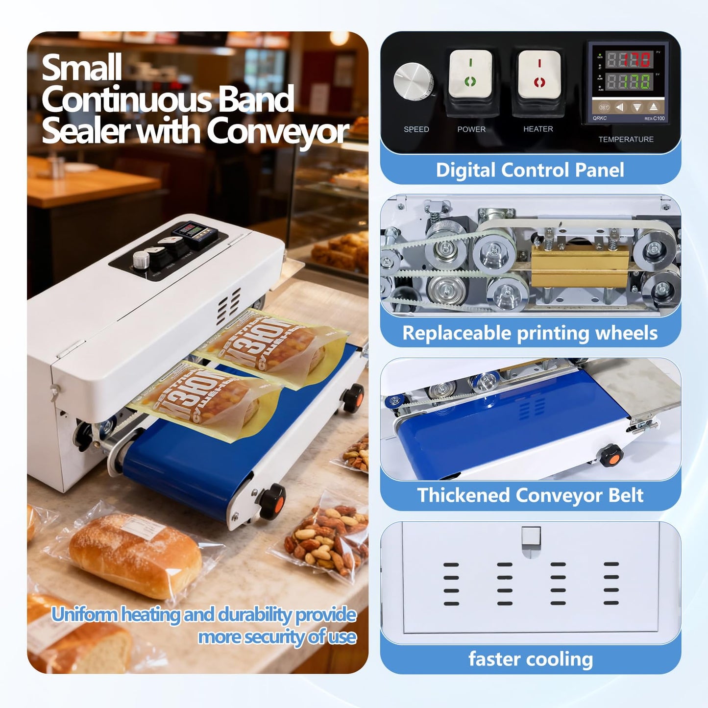 ZHONGMIN Commercial Heat Sealer Machine, Automatic Continuous Bag Band Sealing Machine with Digital Temp Control, Adjustable Speed, Desktop Bag Sealer for Plastic Bags Films (110V/60HZ)(FRC-520)
