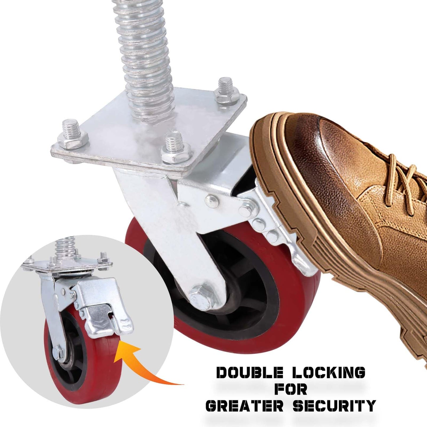 4 Pack Adjustable Leveling Scaffolding Wheels Set, Scaffolding Screw Jacks, Heavy-Duty Scaffold Leveling Jack, 6"-Scaffolding Casters, 1-1/5" OD Scaffold Screw, Swivel Wheels Casters Dual Locking Set