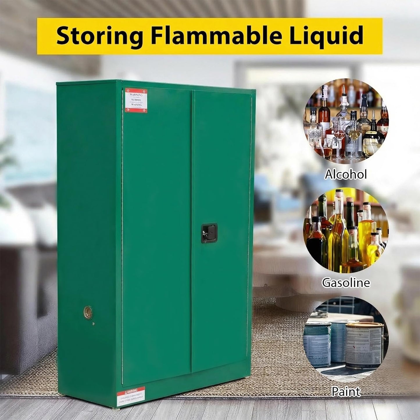 45 Gallon Flammable Safety Cabinet, Industrial Yellow Steel Storage for Flammable Liquids, 2 Adjustable Shelves, Double-Wall Fireproof Cabinet with Manual Close Doors & Vents - Green