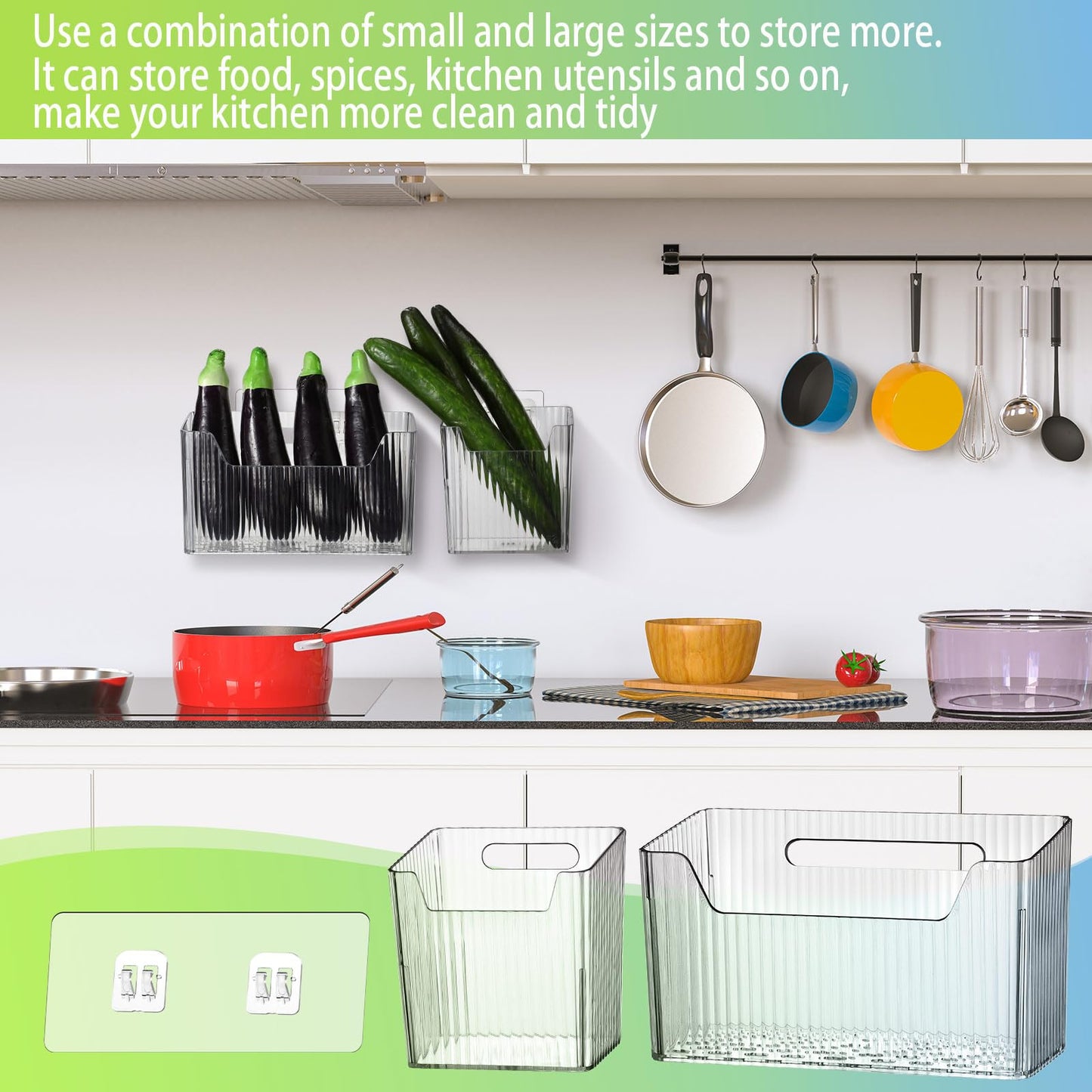 SiliFine 8 Pcs Storage Organizer Bins Wall Mounted Organizer Basket Plastic Cabinet Door Bins Stackable Hanging Baskets for Organizing for Wall Refrigerator Kitchen Bathroom Pantry(3.94'',Clear)