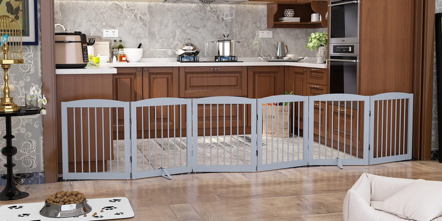 PUPETPO Freestanding Pet Gate for Dogs, Foldable Wooden Dog Gate for House, Extra Wide Indoor Pet Barrier for Stair, Doorway, Hall, Support Feet Included, 120 Inch Wide, 6 Panels 24", Grey