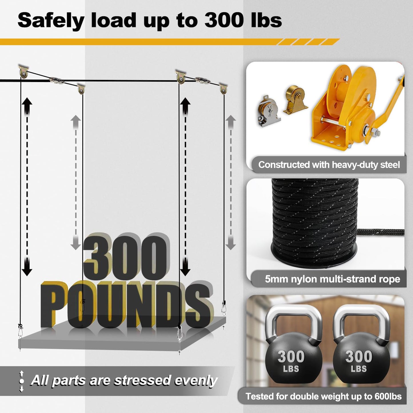 Overhead Garage Storage Lift - Heavy Duty Ceiling Mounted Garage Storage Lift System for Organization - 300lbs Weight, Supports 8-16ft Ceilings, Compatible Bronco, Weight, Wrangler (Deck Not Includ)