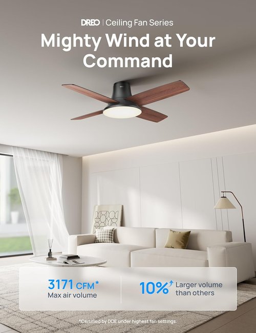 Dreo Ceiling Fan - 44 Inch Low Profile with Lights & Remote | Quiet Reversible Motor, 6-Speed, Dimmable LED