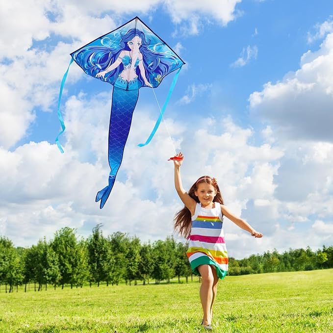 HONBO Large Mermaid Kite for Kids & Adults, Easy to Fly Delta Kite, Beginner Kite for Girls &Boys, Pegasus Beginner Kite for Kids,Octopus Kite
