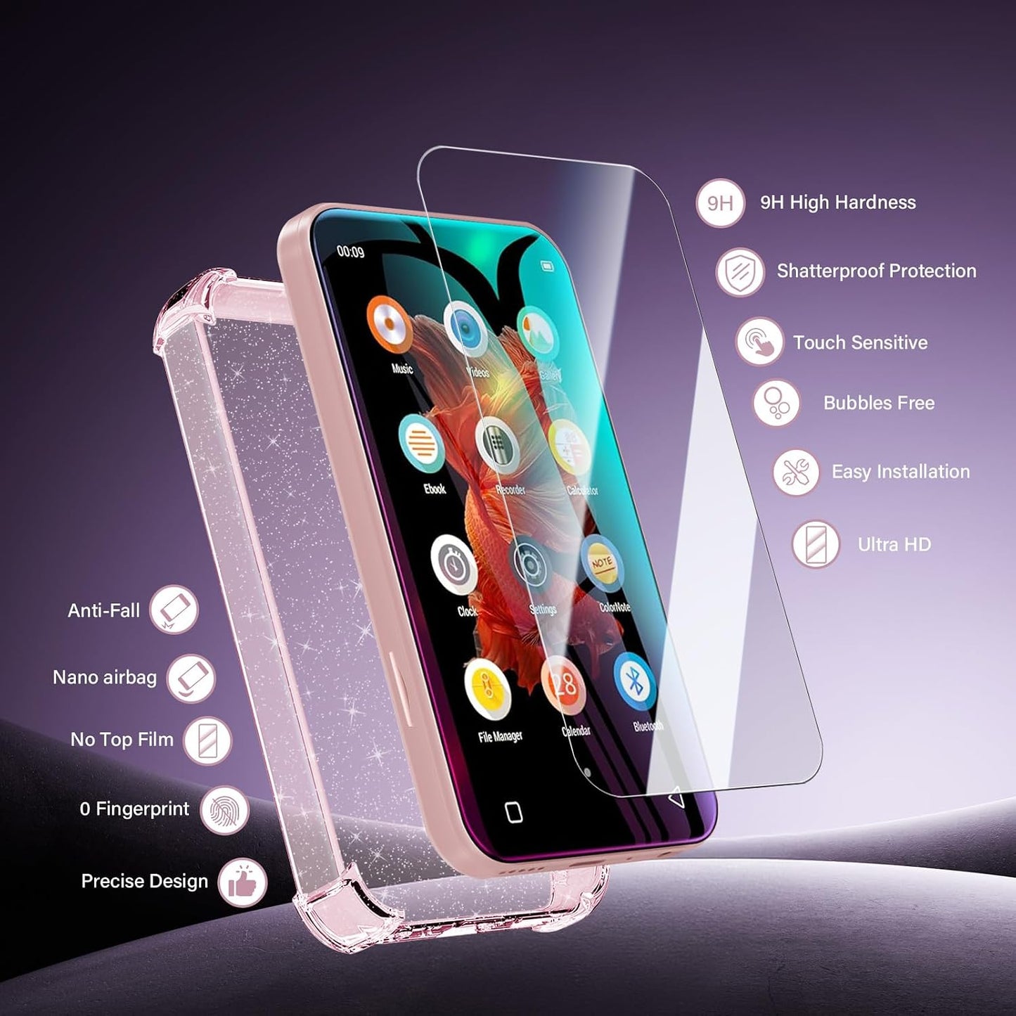 Aippdo G1 G3 MP3 2 1 SetTPU 9H 2 Pack Case and Tempered Glass Screen Protector for innioasis Player in Clear Cover,Anti