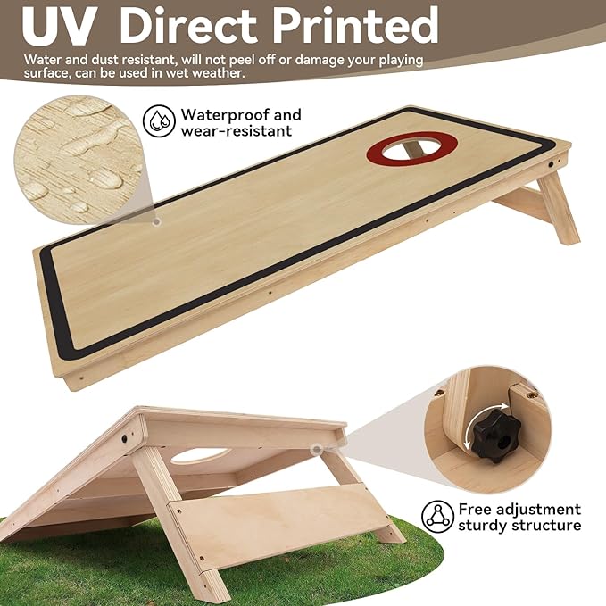 Cornhole Board Set - No Bounce,Regulation Size 4x2 ft,Made of 1/2" Pine Plywood,UV Printing Includes 8 Bean Bags and 2 Cornhole Boards,Perfect for Outdoor Games and Gatherings