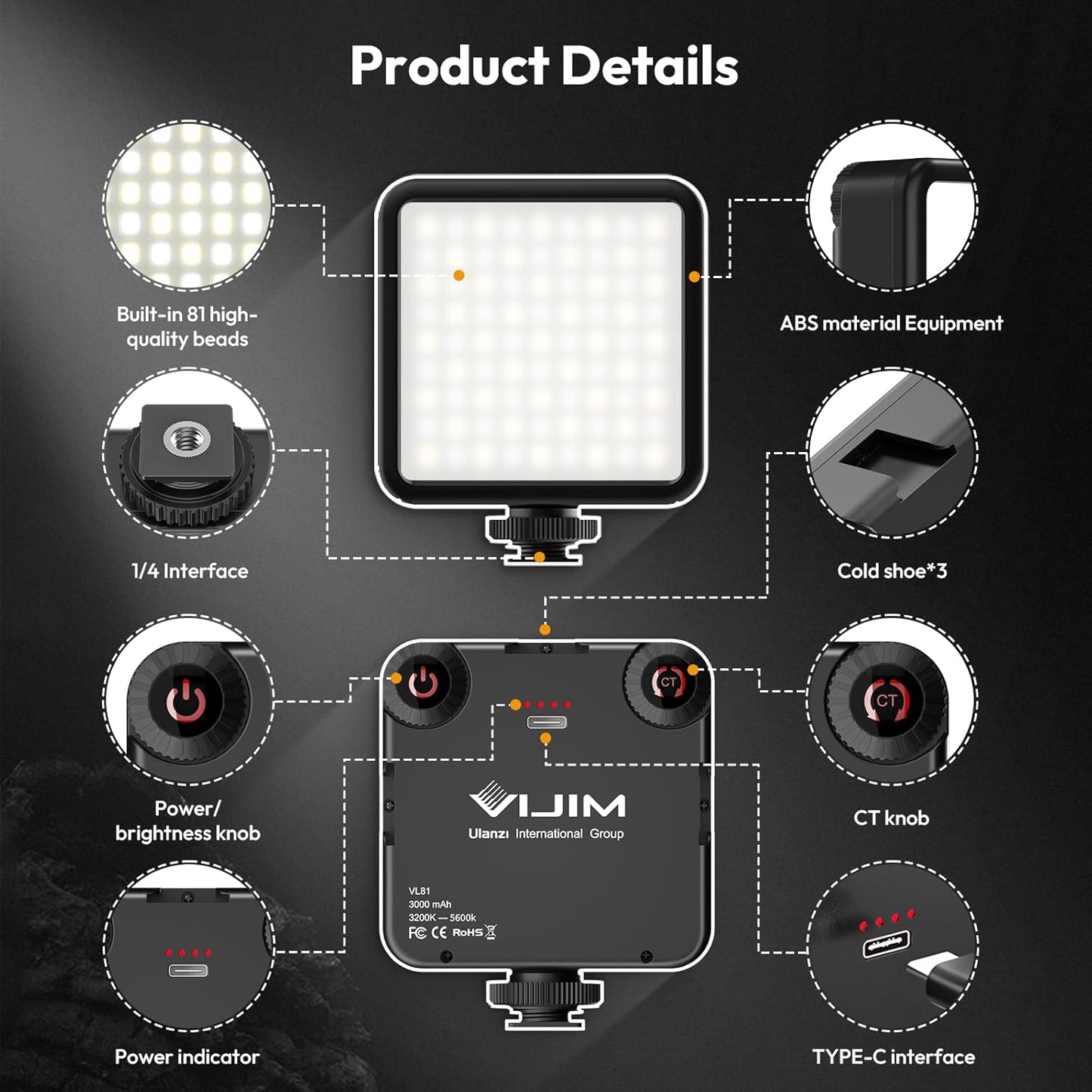 ULANZI VL-81 3200K-5600K CRI95 3000mAh Camera Phone Selfie Light with Clip & Cold Shoe, Bi-Color Portable LED Video