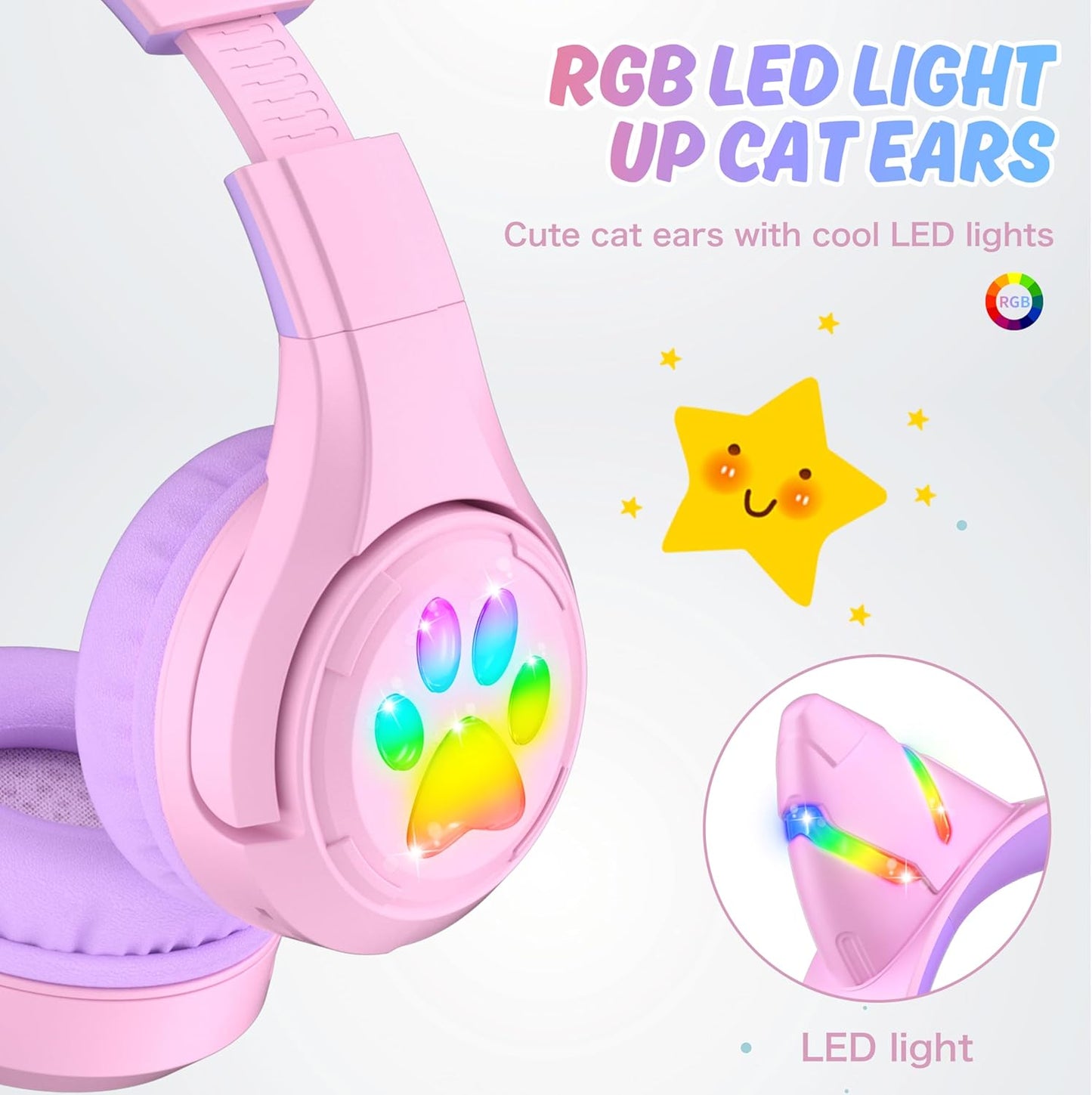 CF9 85dB Riwbox Cat Ear Kids Bluetooth Headphones with LED Light Up,Safe Volume Limit,Built-in Mic&Boom Mic