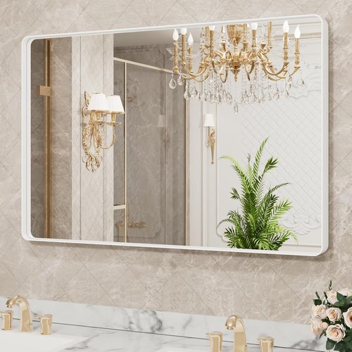 LOAAO Bathroom Mirror - 40x32 Inch White Metal Framed Vanity Mirror | Large Rounded Rectangle, Anti-Rust, Tempered Glass