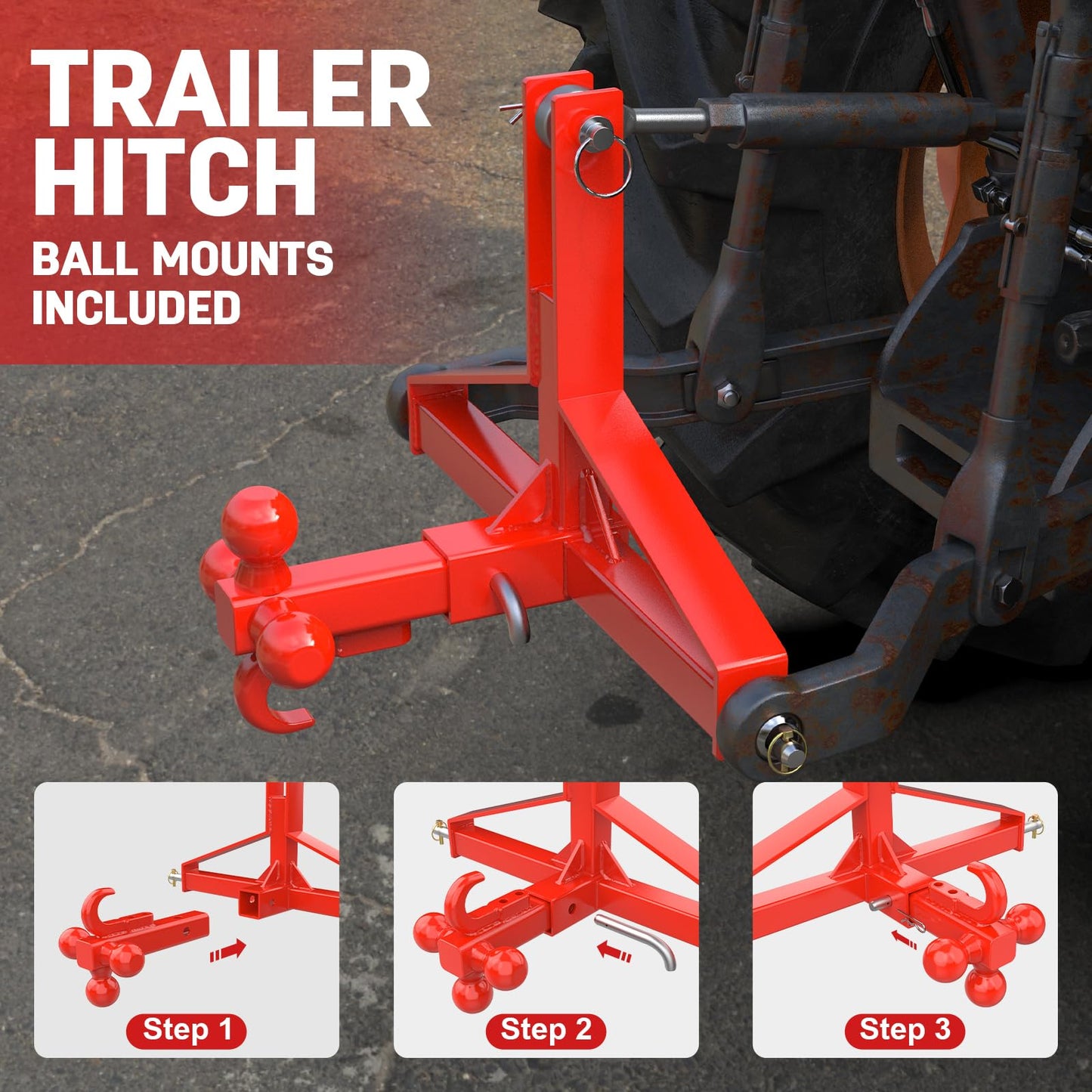 Red 3 Point Trailer Hitch with Receiver and Ball, Tractor Mover Drawbar, Farm Equipment and Subcompact Trailer Hitch for Tractor Standard Category 1