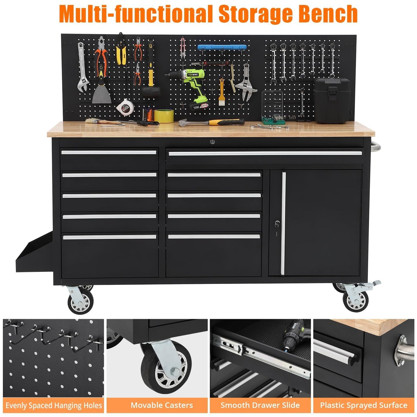 61-Inch Rolling Tool Chest with 10 Drawers & Power Strip, Solid Rubber Wood Top, 1675 LBS Load Heavy Duty Mobile Workstation, Locking System and Drawer Liners for Garage Warehouse Shop, Black