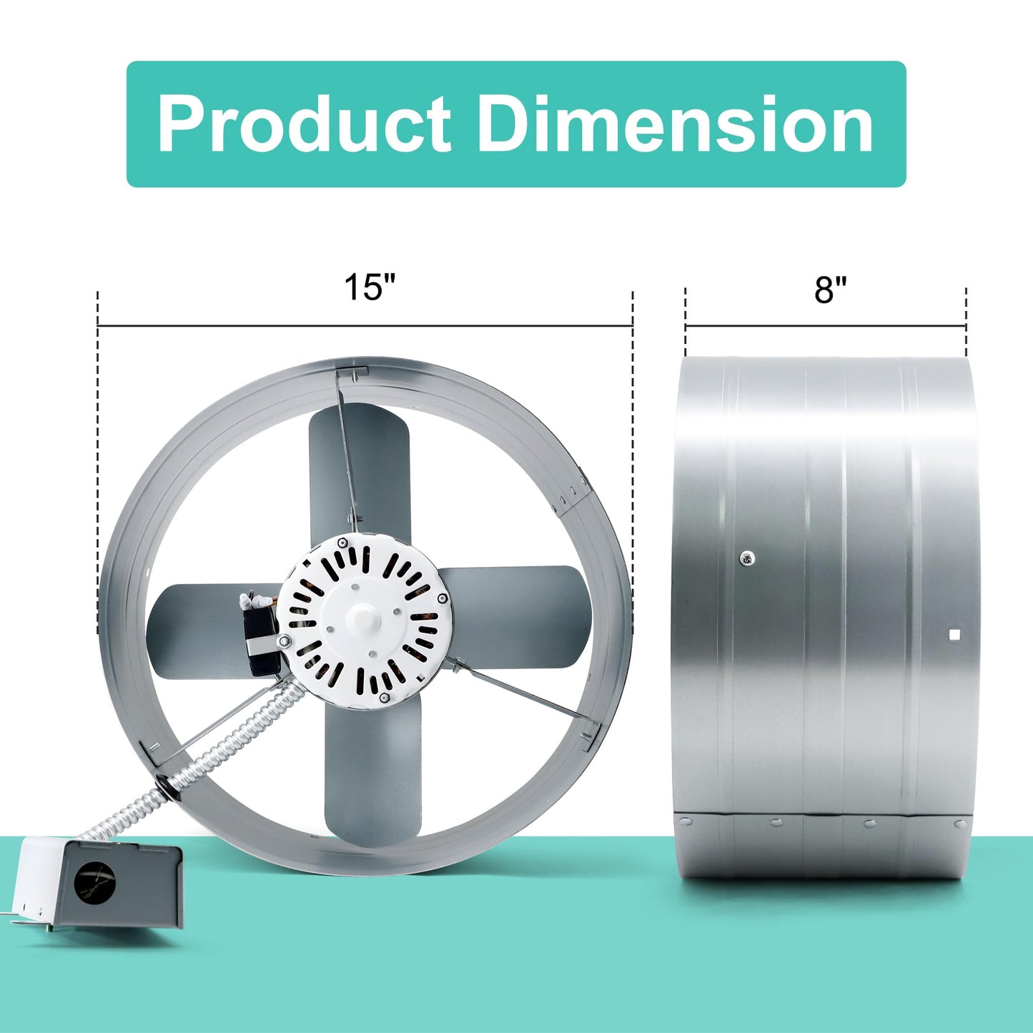 Hipoilk Gable Mount Power Attic Fan with Adjustable Thermostat, 15 Inch Attic Exhaust Fan, 1650 CFM, 1075 RPM, 3.4 Amp