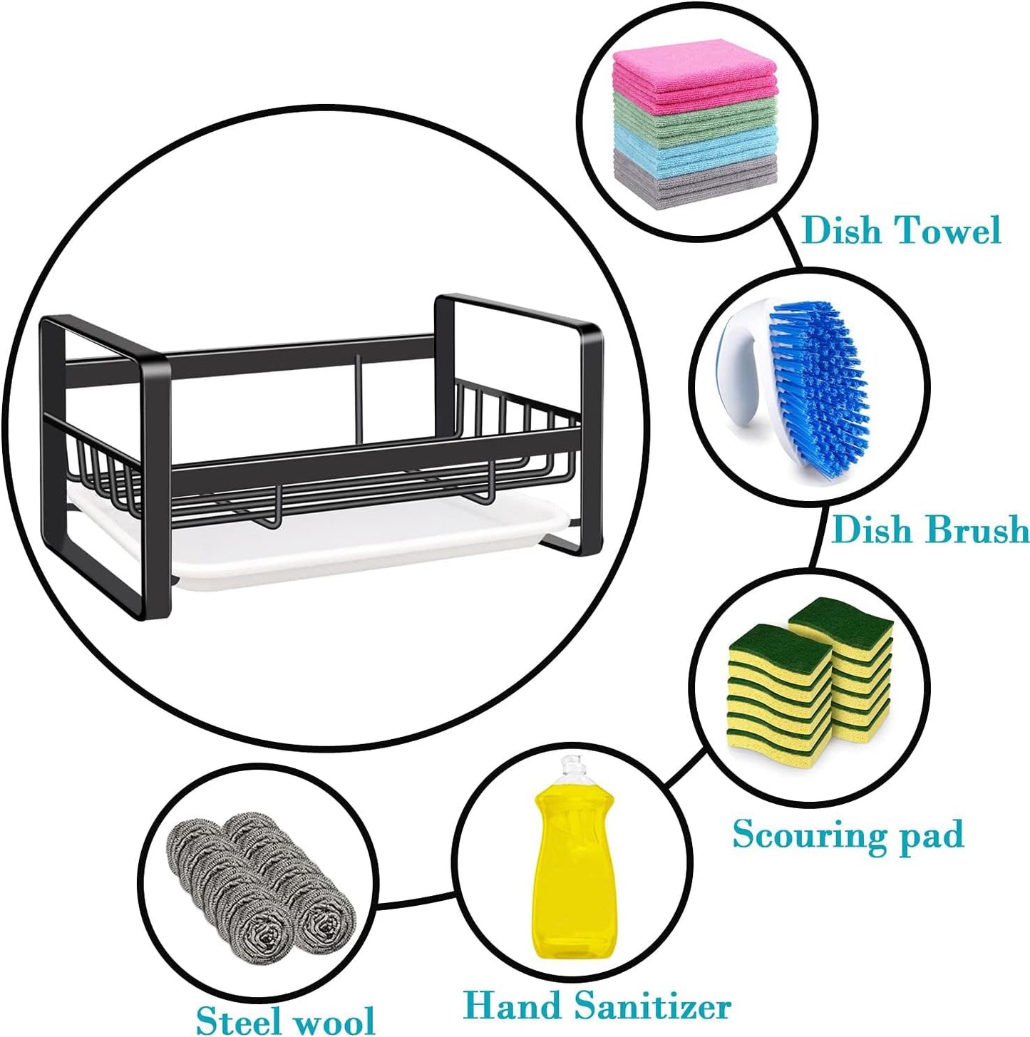 VANTEN Kitchen Sink Caddy - Matte Black Stainless Steel Sponge Holder & Soap Dish Organizer | Wall Mount or Countertop