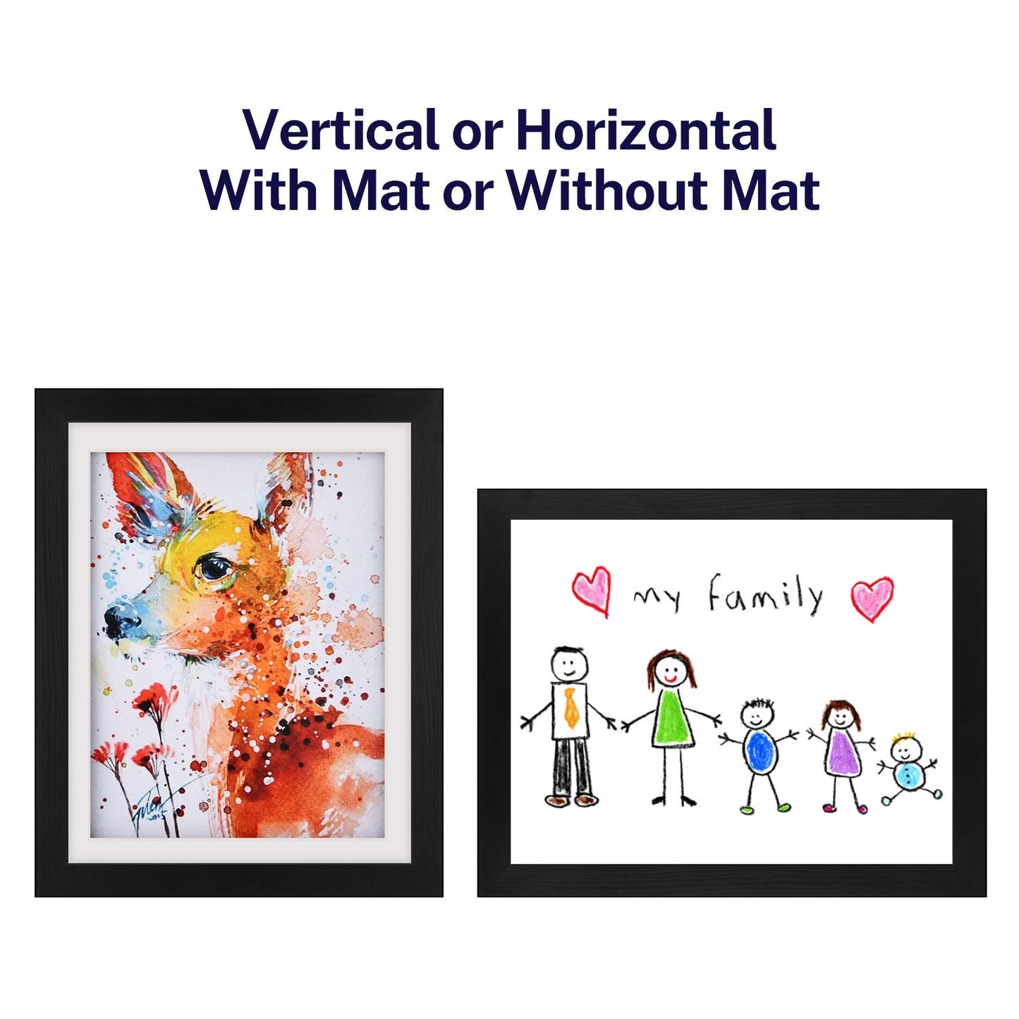 ONE WALL Kids Artwork Picture Frame Display 8.5x11 with Mat or 9.9x12.7 Without Mat, Black Wood Frame with Tempered Glass Front Opening for Kids Drawings, Artworks, Art Projects, Schoolwork, 2-Pack